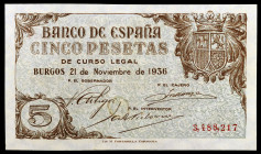 1936. Burgos. 5 pesetas. (Ed. D18na var) (Ed. 417N). 21 de noviembre. Taladro reparado. Sin serie y con numeración. Raro. S/C-.
