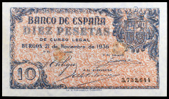 1936. Burgos. 10 pesetas. (Ed. D19na var) (Ed. 418T). 21 de noviembre. Dos taladros reparados. Sin serie y con numeración. Raro. S/C-.