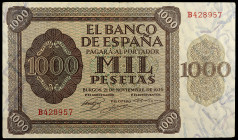 1936. Burgos. 1000 pesetas. (Ed. D24a) (Ed. 423a). 21 de noviembre, serie B. Leve doblez. Raro. EBC.