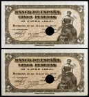 1937. Burgos. 5 pesetas. (Ed. D25a var.). 18 de julio. Pareja, serie C. Un taladro. Dos perforaciones de grapa. Sin numeración. S/C-.