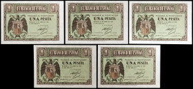 1938. Burgos. 1 peseta. (Ed. D29a) (Ed. 428a). 30 de abril. Serie C. 5 billetes correlativos. S/C-/S/C.