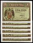 1938. Burgos. 1 peseta. (Ed. D29a) (Ed. 428a). 30 de abril. Serie C. 5 billetes correlativos. S/C-/S/C.
