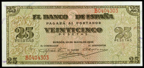 1938. Burgos. 25 pesetas. (Ed. D31a) (Ed. 430a). 20 de mayo. Serie B. Doblez horizontal. EBC+.