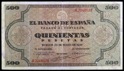 1938. Burgos. 500 pesetas. (Ed. D34) (Ed. 433). 20 de mayo. Serie A. Raro. MBC-.