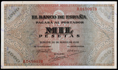 1938. Burgos. 1000 pesetas. (Ed. D35) (Ed. 434). 20 de mayo. Doblez central. Buen ejemplar, con apresto. Raro. MBC.