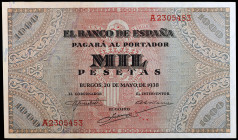 1938. Burgos. 1000 pesetas. (Ed. D35) (Ed. 434). 20 de mayo. Serie A. Buen ejemplar. Raro y más así. MBC+.