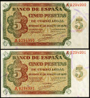 1938. Burgos. 5 pesetas. (Ed. D36) (Ed. 435). 10 de agosto. Pareja correlativa, serie A, uno con leve defecto de papel. S/C-.