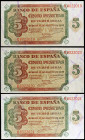 1938. Burgos. 5 pesetas. (Ed. D36a) (Ed. 435a). 10 de agosto. Trío correlativo, serie K. S/C-.