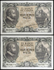 1940. 25 pesetas. (Ed. D37) (Ed. 436). 9 de enero, Juan de Herrera. Pareja correlativa, serie A. Doblez central. Pleno apresto. Raros así. EBC+.