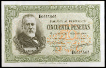 1940. 50 pesetas. (Ed. D38a) (Ed. 437a). 9 de enero, Menéndez Pelayo. Serie B. Leves manchitas. EBC+.