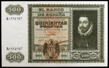 1940. 500 pesetas. (Ed. D40) (Ed. 439). 9 de enero, Juan de Austria. Serie A. Lavado y planchado. Raro. MBC.