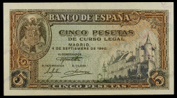 1940. 5 pesetas. (Ed. D44) (Ed. 443). 4 de septiembre, Alcázar de Segovia. Serie A. Pliegue del papel. Una esquina rozada. EBC+.