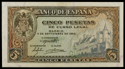 1940. 5 pesetas. (Ed. D44a) (Ed. 443a). 4 de septiembre, Alcázar de Segovia. Serie G. S/C-.