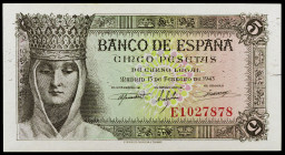 1943. 5 pesetas. (Ed. D47a) (Ed. 446a). 13 de febrero, Isabel la Católica. Serie E. S/C-.