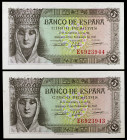 1943. 5 pesetas. (Ed. D47a) (Ed. 446a). 13 de febrero, Isabel la Católica. Pareja correlativa, serie E. S/C-.