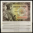 1943. 1 peseta. (Ed. D48 y D48a) (Ed. 447 y 447a). 21 de mayo, Fernando el Católico. 8 billetes, sin serie y series: A, D (pareja correlativa), E (par...