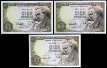 1946. 100 pesetas. (Ed. D52a) (Ed. 451a). 19 de febrero, Goya. Trío correlativo, serie A. Doblez central. Pleno apresto. EBC+.