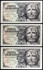 1947. 5 pesetas. (Ed. D55) (Ed. 454). 12 de abril, Séneca. Trío correlativo, sin serie. Esquinas rozadas. Escasos. S/C-.