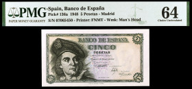 1948. 5 pesetas. (Ed. D56) (Ed. 455). 5 de marzo, Elcano. Sin serie. Certificado por la PMG como 64 Choice Uncirculated. S/C.