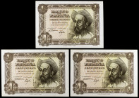 1951. 1 peseta. (Ed. D62) (Ed. 461). 19 de noviembre, Don Quijote. Trío correlativo, sin serie. Esquinas rozadas. S/C-.