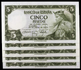 1954. 5 pesetas. (Ed. D67a) (Ed. 466a). 22 de julio, Alfonso X. 5 billetes, serie S, un trío correlativo. S/C-/S/C.