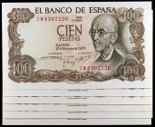 1970. 100 pesetas. (Ed. D73b) (Ed. 472c). 17 de noviembre, Falla. 6 billetes correlativos, serie 7W, última serie emitida. S/C-.