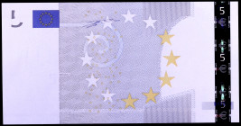 5 euros. Taller M (FNMT), serie V (España). Fallo de impresión final: sólo se aprecian los fondos y las dos tiras holográficas. Raro. S/C.