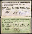 Argelaguer. 25 y 50 céntimos. (T. 251ab y 252a var). 2 billetes, serie completa. Raros. BC+/MBC.