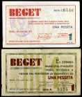 Beget. 1 peseta. (T. 397 y 399). 2 billetes. Muy raros. MBC-/MBC+.