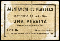 Planoles. 1 peseta. (T. 2172). Cartón nº 39. Manchas. Muy raro. BC+.