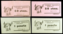 Benicarló (Castellón). 50 céntimos (dos) y 1 peseta (dos). (T. 320a, 321a y 321a var) (KG. 160). 4 cartones, 2 series completas. MBC/EBC.