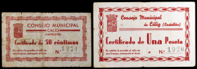 Cálig (Castellón). 50 céntimos y 1 peseta. (T. 452 y 453) (KG. 209). 2 billetes. Raros. BC/MBC.