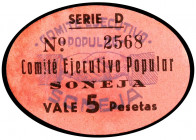 Soneja (Castellón). Comité Ejecutivo Popular. 5 pesetas. ((T. falta) KG. falta) (RGH. 4910). Cartón ovalado. Muy raro. EBC-.