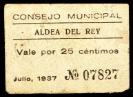 Aldea del Rey (Ciudad Real). 25 céntimos. (KG. 63) (RGH. 422). Cartón. Raro. MBC-.