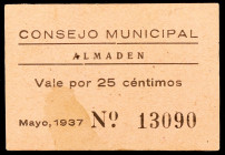 Almadén (Ciudad Real). 25 céntimos. (KG. falta) (RGH. 533). Cartón. Manchitas. Raro. MBC+.
