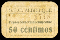 Alberique (Valencia). Sindicato de Trabajadores del Campo. 50 céntimos. (T. 40a) (KG. 34). Cartón. Raro. MBC-.