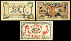 Algemesí (Valencia). 25, 50 céntimos y 1 peseta. (T. 143c, 144 y 145) (KG. 70). 3 billetes, serie completa. BC/MBC-.