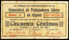 Alginet (Valencia). Comunidad de Trabajadores Libres. 50 céntimos. (T. 157) (KG. 71). Raro. MBC-.