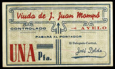 Ayelo (Valencia). Viuda de J. Juan Mompó. 1 peseta. (T. 227) (KG. 112 falta valor). Raro. MBC.
