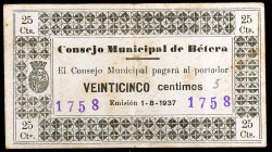 Bétera (Valencia). 25 céntimos. (T. 406) (KG. 179). Raro. MBC-.