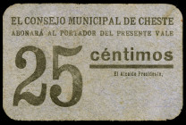 Cheste (Valencia). 25 céntimos. (T. 666) (KG. 305). Cartón. Muy raro. MBC.