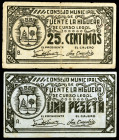 Fuente la Higuera (Valencia). 25 céntimos y 1 peseta. (T. 782 y 783) (KG. 372). 2 billetes, todos los de la localidad. Escasos. BC+/MBC-.