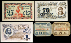Játiva (Valencia). 5, 10, 25, 50 céntimos y 1 peseta. (T. 852, 853 y 855 a 857) (KG. 424, 424a y 424b). 3 billetes y 2 cartones. Conjunto escaso. MBC/...