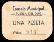 Puebla del Duc (Valencia). 1 peseta. (T. 1182 var) (KG. 610). Cartón nº 919. Esquinas redondeadas. Muy raro. MBC+.