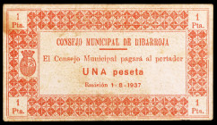 Ribarroja (Valencia). 1 peseta. (T. 1234) (KG. 640). Muy raro. MBC-.