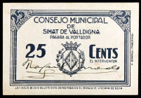 Simat de Valldigna (Valencia). 25 céntimos. (T. 1346) (KG. 703). Rara. EBC-.