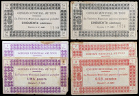 Tous (Valencia). 50 céntimos (dos), 1 (dos) y 2 pesetas (dos). (T. 1404a (dos), 1405, 1405a y 1406a (dos)) (KG. falta). 6 billetes, 2 series completas...