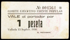 Vallada (Valencia). Comité Ejecutivo Frente Popular. 1 peseta. (T. 1429, mismo ejemplar) (KG. falta) (R.G.H. 124a). Rarísimo. MBC+.