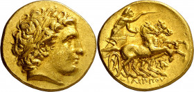 Filipo II (359-336 a.C.). Magnesia ad Maeandrum. Estátera de oro. (S. 6664 var) (CNG. III, falta) (Le Rider pl. 90, 15). Acuñación póstuma. Atractiva....