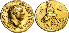 (77-78 d.C.). Tito. Áureo. (Spink 2417) (Co. 64) (RIC. 954, de Vespasiano) (Calicó 738a). Rayitas en reverso. Atractiva. 7,17 g. (EBC/EBC-).